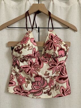 Women’s Y2K Cream and Pink Floral Paisley Style Halter Tankini